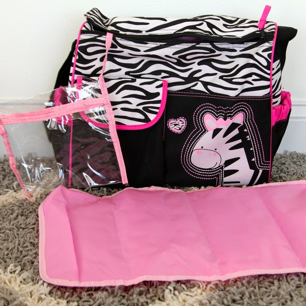 Pink Zebra Diaper Bag with diaper changer & pouch